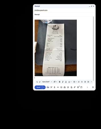 Email compose window with a photographed receipt attached