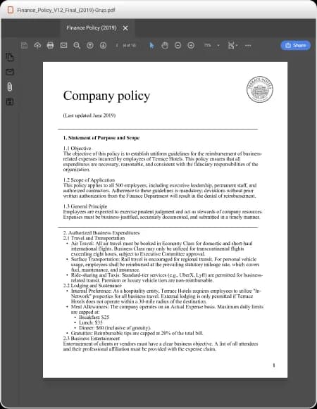 Company policy PDF open in a viewer