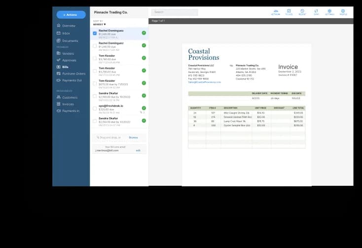 Bill pay software showing an invoice